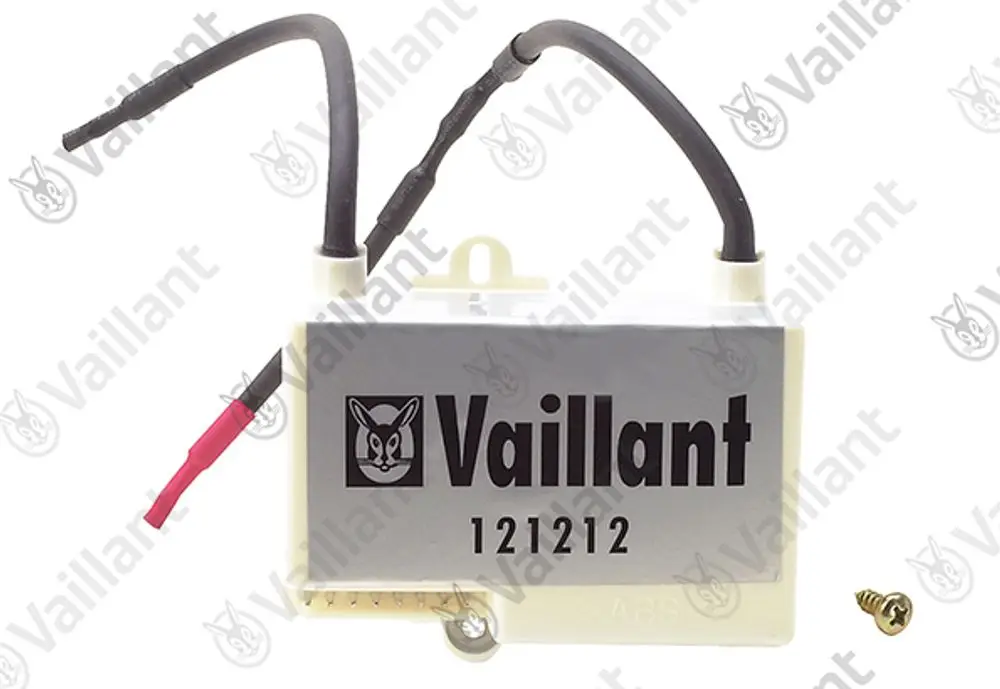 Vaillant Gasfeuerungsautomat mit zwei Kabeln, Anschlussstecker und einer Schraube. Markensignet auf der Vorderseite sichtbar.